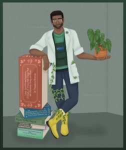 Dr. Theo is depicted looking handsome with white lab coat, a plant in his hand with yellow boots and even more plot driven details.