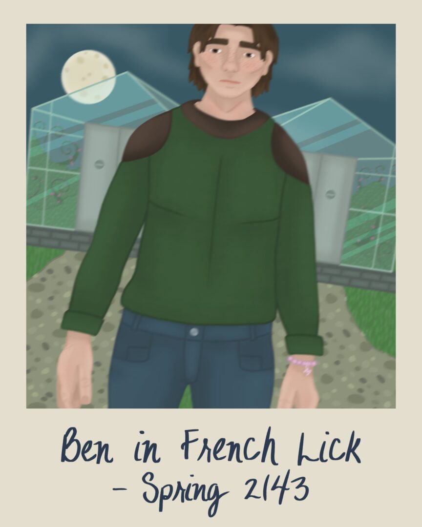 A drawing that depicts a polaroid of Ben, wearing a green sweater and a depressed/frightened expression, he is posing in front of greenhouses and a full moon is in the sky. "Ben in French Lick- Spring 2/43" is penned in blue ink below.