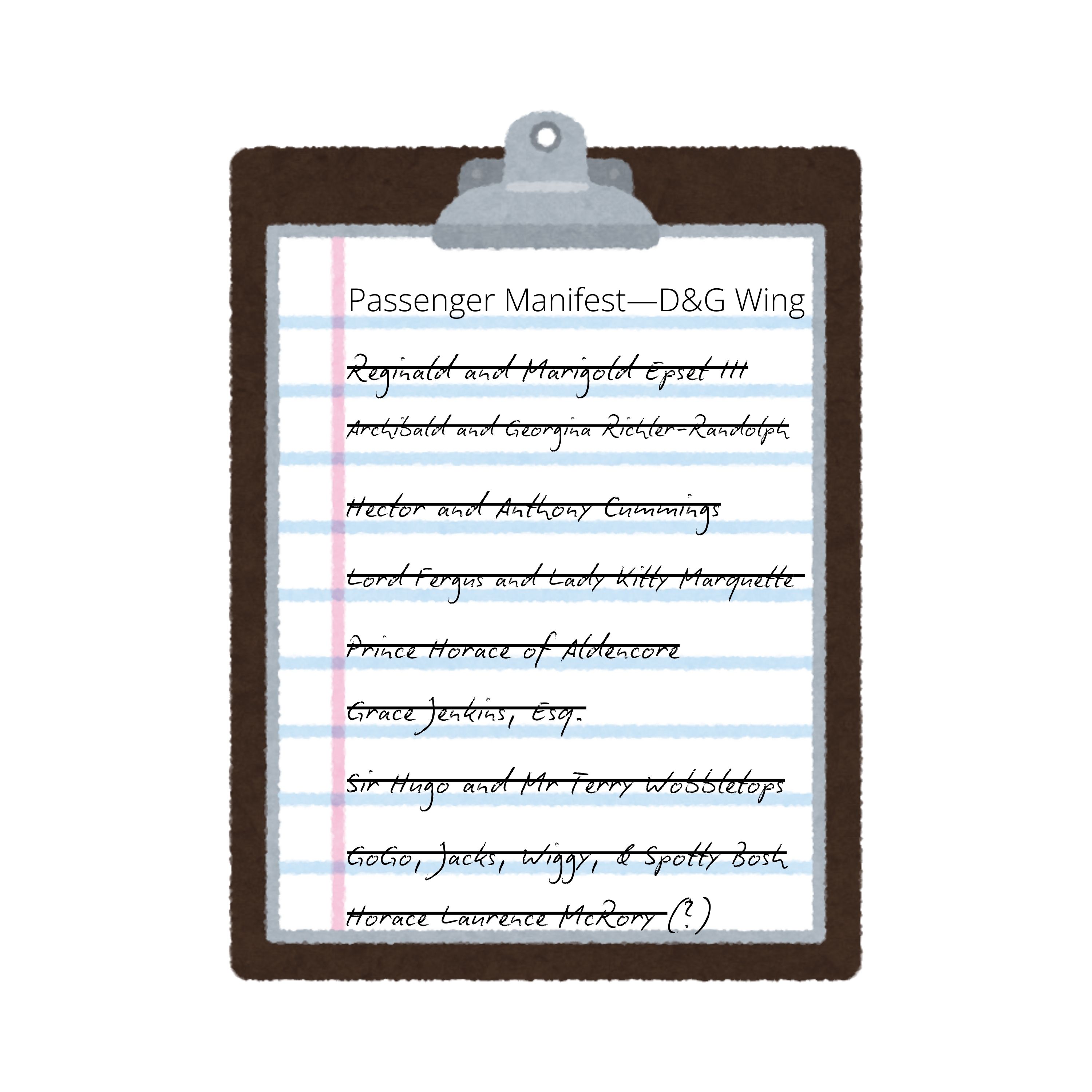 Passenger manifest with list of passenger names, all crossed out. 